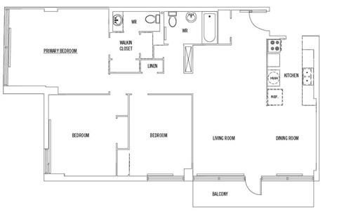 Floor plan for 3 beds, 2 baths, 1250 sqft